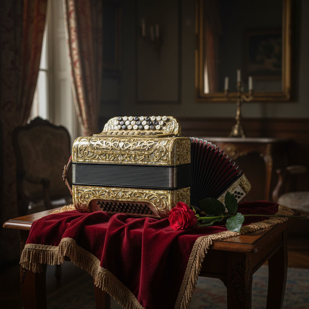A ceremonial accordion on a velvet altar in a candlelit chapel