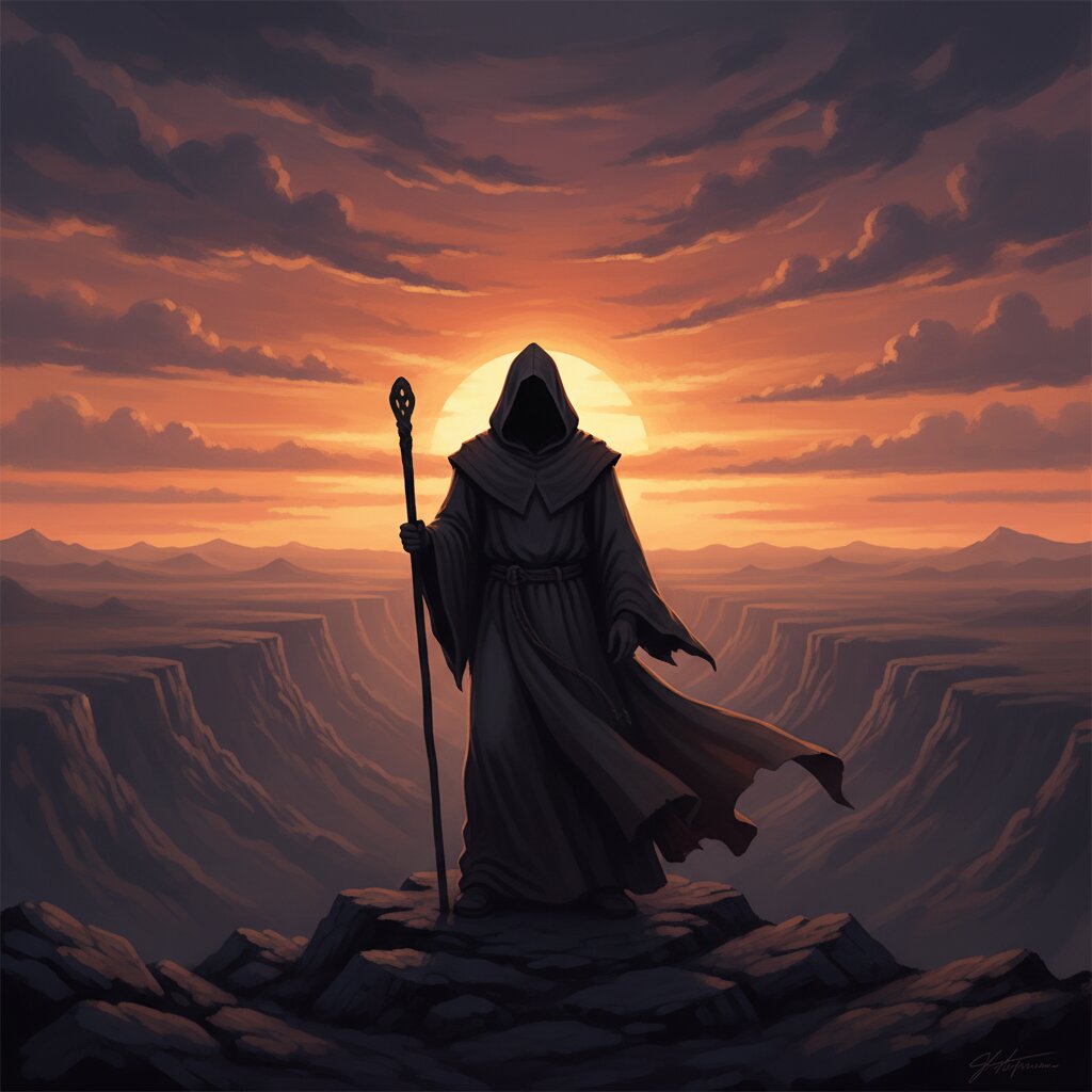 A solitary hooded figure in a stone archway, holding a piano accordion lit dramatically by a single shaft of golden light