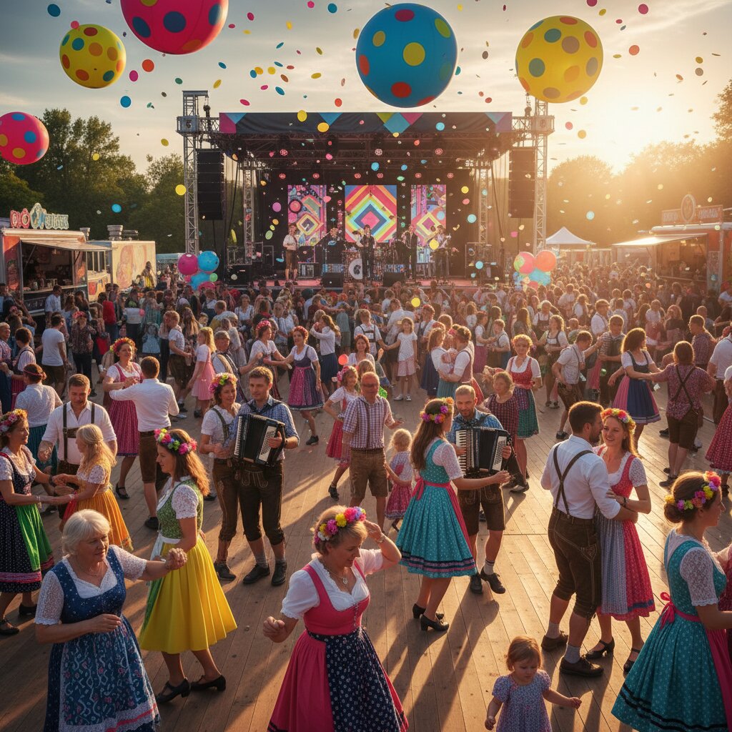 A modern polka festival in a half-timbered Bavarian-style town square at golden hour, dozens of couples dancing