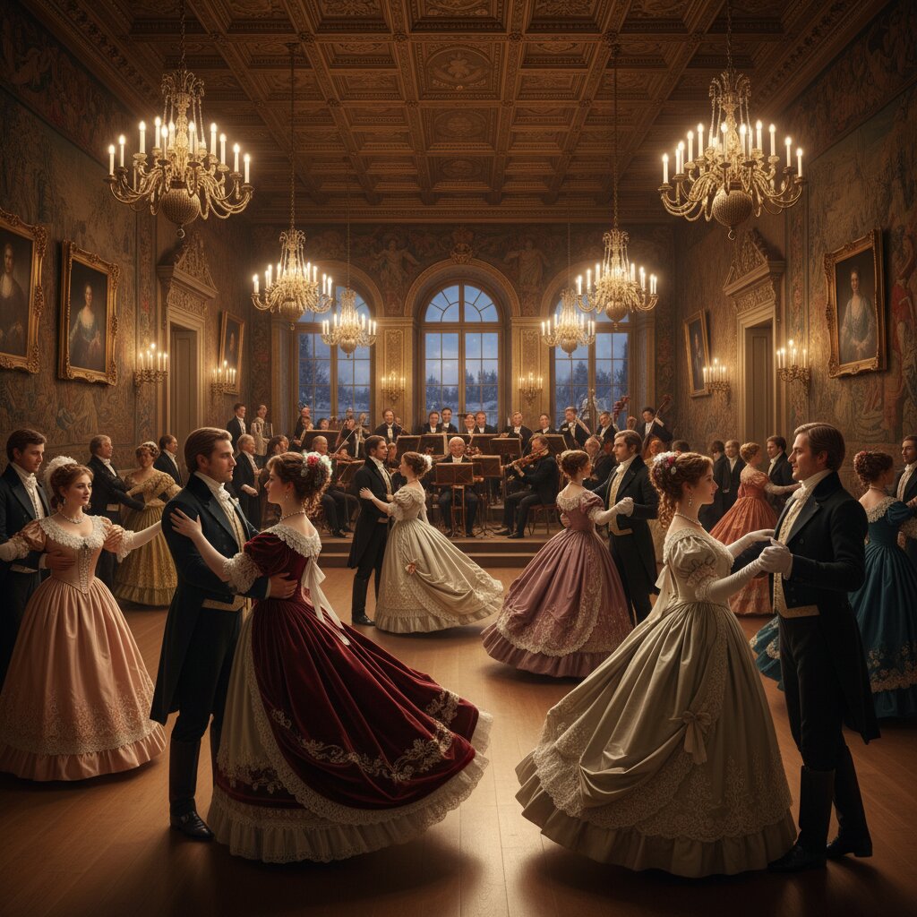 A 19th-century Bohemian ballroom mid-dance