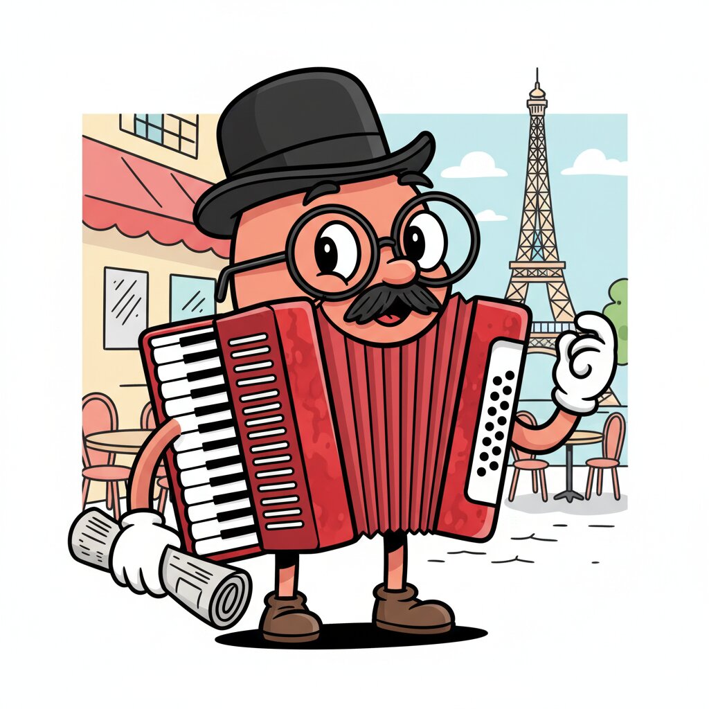 An anthropomorphic accordion in a bowler hat